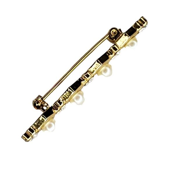 Vintage Art Deco Goldtone Faux Pearl Clear Rhinestone Brooch 2" X 1/2" - Picture 4 of 4